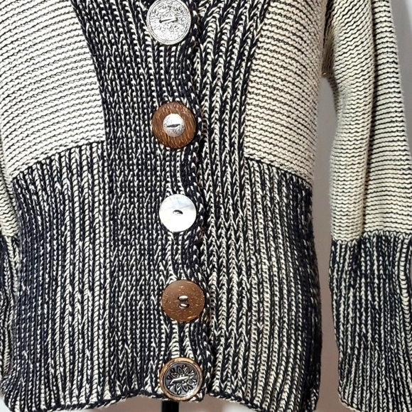 Overland- Cream/Black Heavy Knit Neutral cottage core Cardigan Chunky Boho Sz.M - Picture 3 of 7